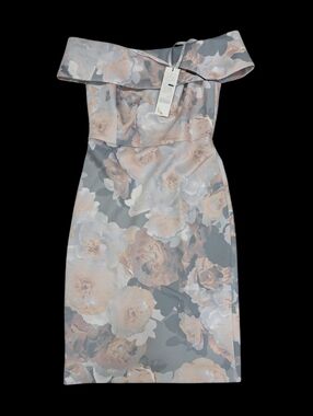 Calvin Klein Sz 4 Off Shoulder Blush Pink Gray Big Floral Scuba Sheath Dress NWT
